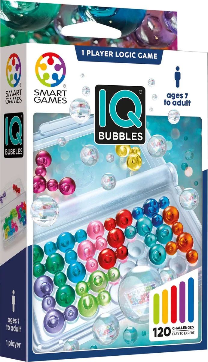 IQ Bubbles - Logisch Denkspel & Reispuzzel - 120 Opdrachten met Transparante Bubbels - Educatief Solospel - Vanaf 6 Jaar van SmartGames – doos