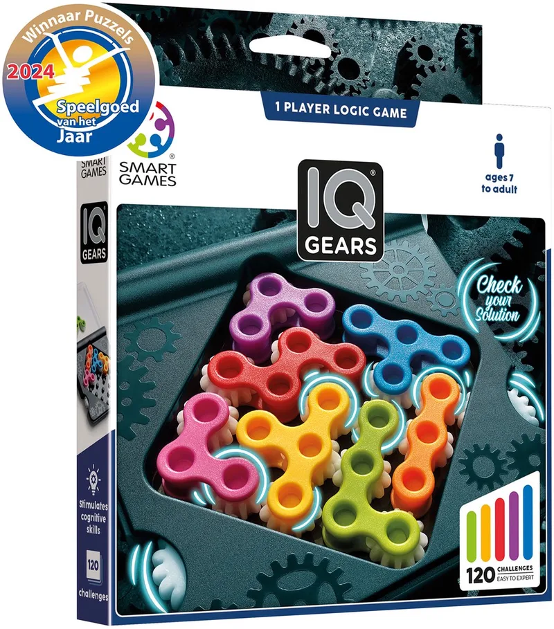IQ Gears - Logisch Denkspel & Reispuzzel - 120 Opdrachten met Draaiende Tandwielen - Educatief Solospel - Vanaf 7 Jaar von SmartGames – Schachtel