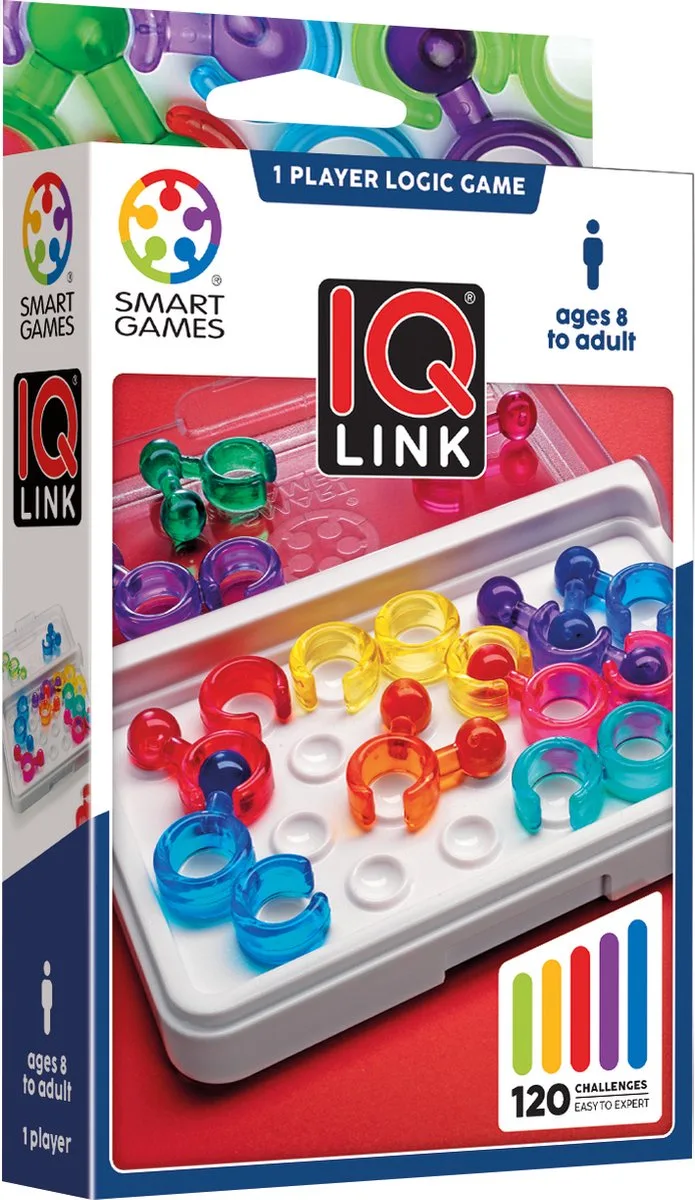 IQ Link - Logisch Denkspel & Reispuzzel - 120 Opdrachten met Ringsysteem - Educatief Solospel voor Kinderen en Volwassenen - Vanaf 8 Jaar van SmartGames – doos
