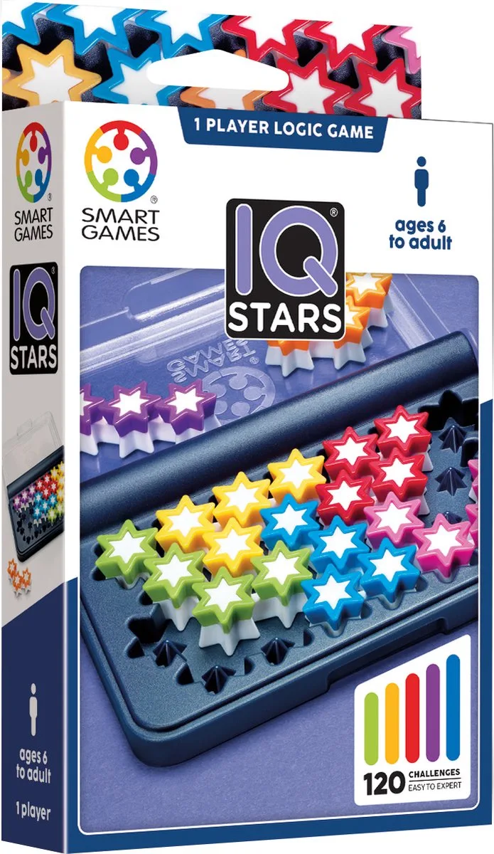 IQ Stars - Logisch Denkspel & Reispuzzel - 120 Opdrachten met Gekleurde Sterren - Educatief Solospel - Vanaf 6 Jaar van SmartGames – doos