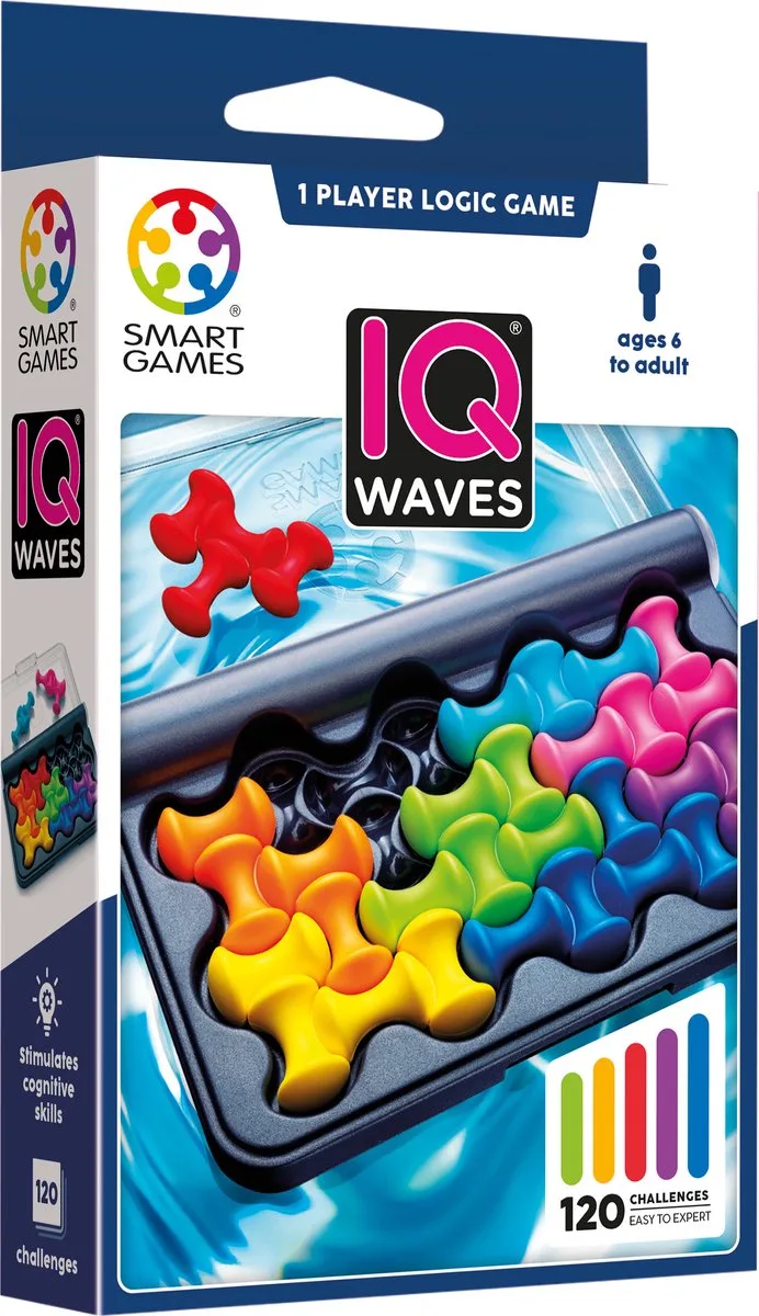 IQ Waves - Logisch Denkspel & Reispuzzel - 120 Opdrachten met Golvende Vormen - Educatief Solospel met Soft-Touch - Vanaf 6 Jaar von SmartGames – Schachtel