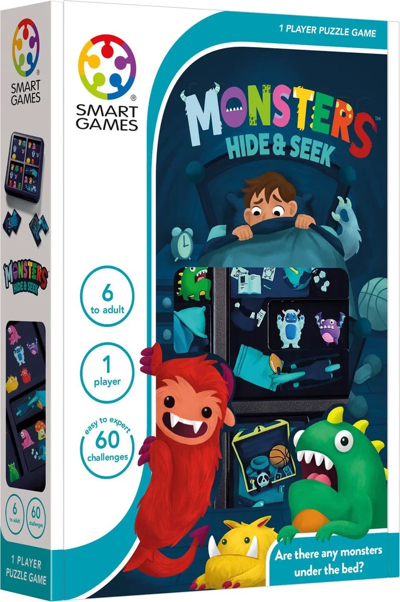 Monsters Hide & Seek - Compact Logisch Denkspel - 60 Educatieve Monster Uitdagingen - Reisspel & Solospel - Vanaf 6 Jaar from SmartGames, Donkerblauw edition – box