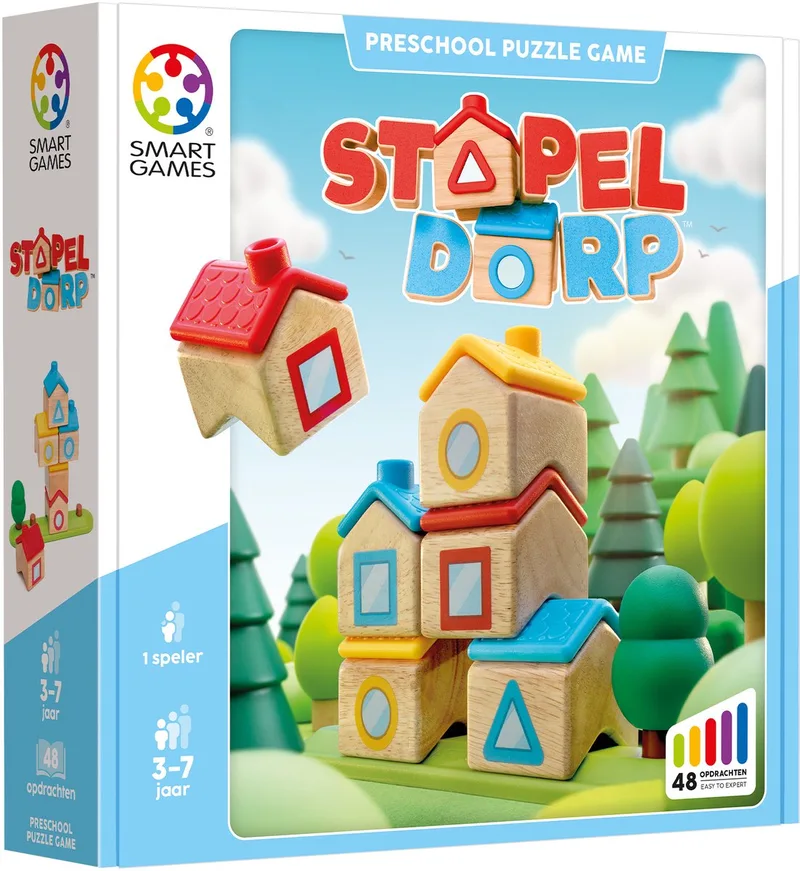 Stapel Dorp - Houten Logisch Denkspel - 48 Ruimtelijke Bouwuitdagingen - Educatief Solospel voor Kleuters - Vanaf 3 Jaar von SmartGames – Schachtel