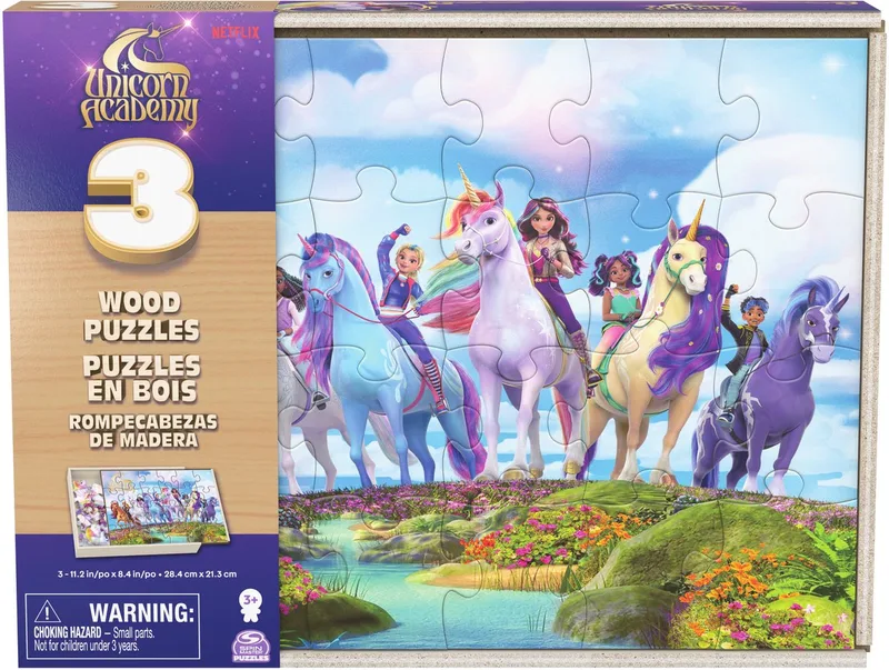 Spin Master Games 3 houten Unicorn Academy-puzzels, elk 24 stukken, kinderpuzzel, illustraties van Spin Master Games, editie Meerkleurig – doos