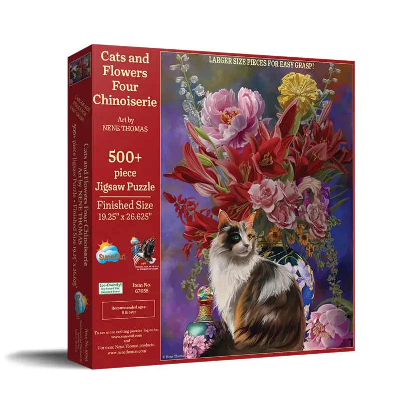 Puzzle Pièces XXL - Chat et Fleurs Asiatiques - 500 à 999 pièces van SunsOut – doos 2 van 2