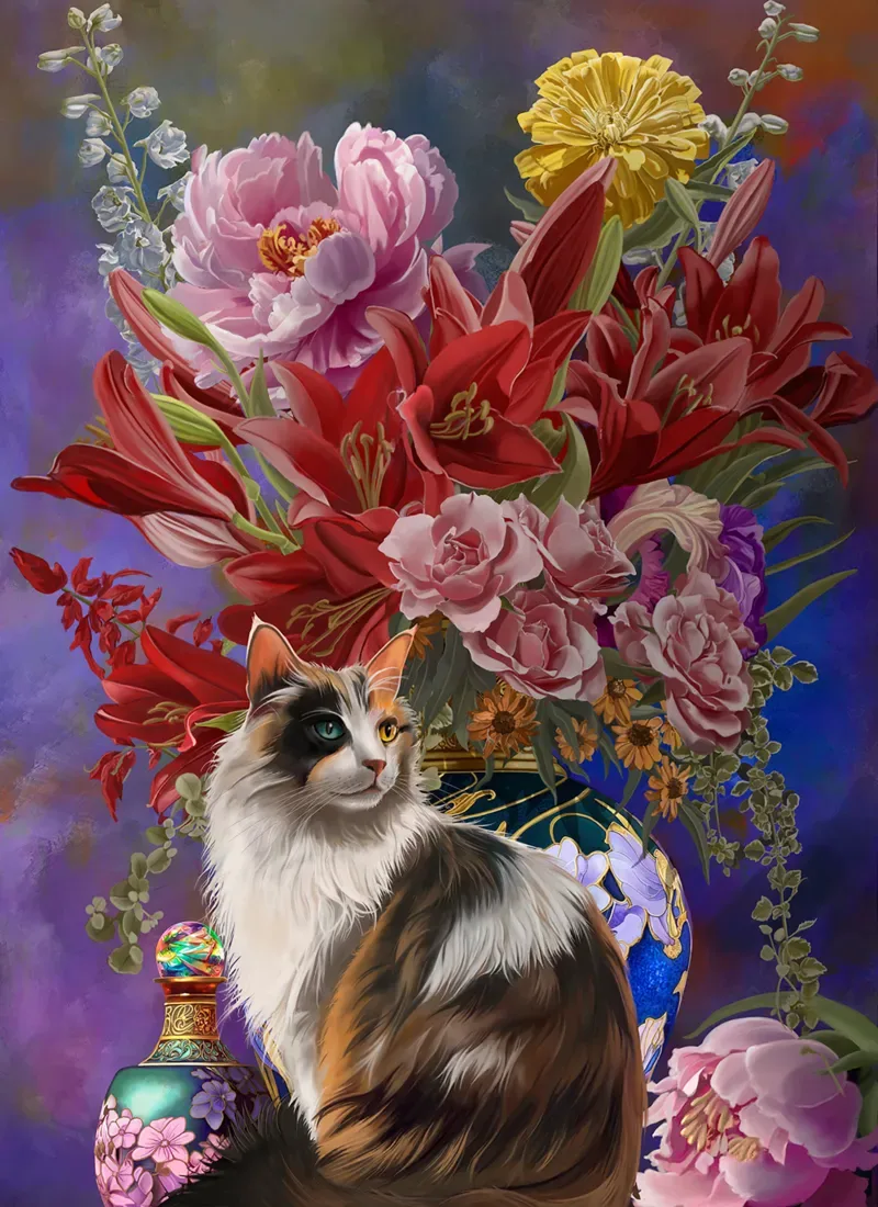 Puzzle Pièces XXL - Chat et Fleurs Asiatiques - 500 à 999 pièces van SunsOut – doos 1 van 2