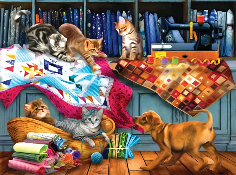 Puzzle Tom Wood - Quilting Room Mischief - 1000 pièces fra SunsOut – æske 1 af 2