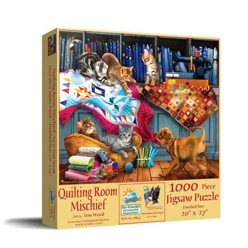 Puzzle Tom Wood - Quilting Room Mischief - 1000 pièces fra SunsOut – æske 2 af 2