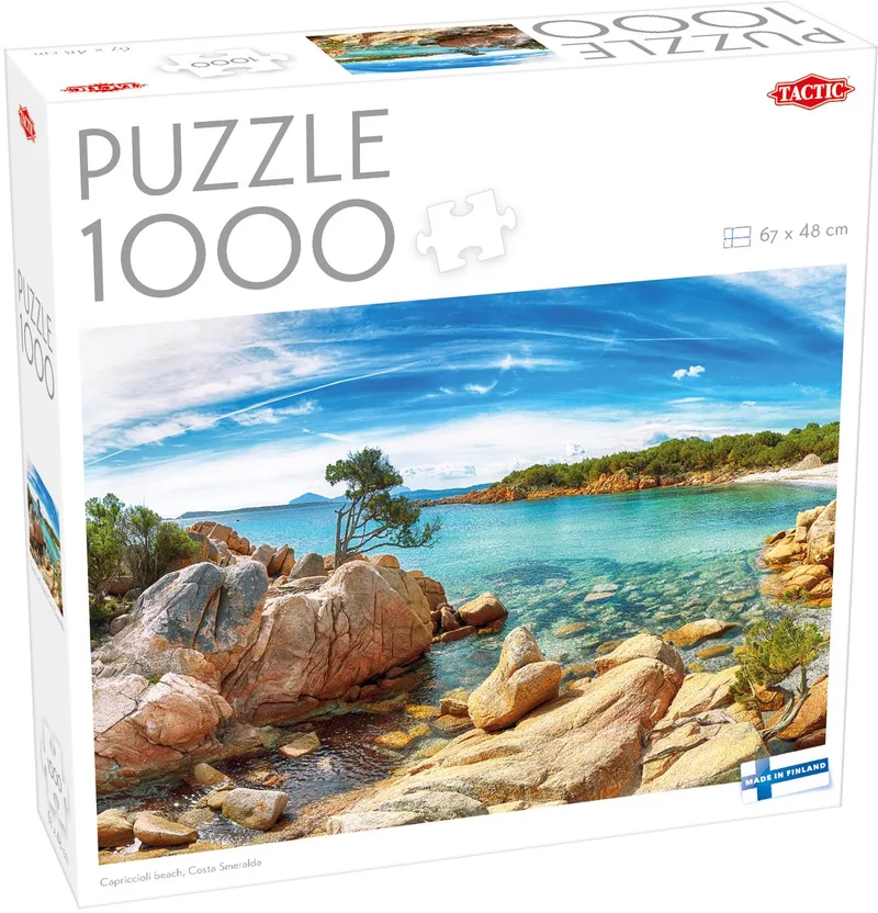Capriccioli Beach, Costa Smeralda – Puzzel – 1000 stukjes – Kristalheldere Middellandse Zee – Zonovergoten Italiaans Kustlandschap – Hoogwaardige Scandinavische Kwaliteit van Tactic, editie Capriccioli Beach, Costa Smeralda – doos