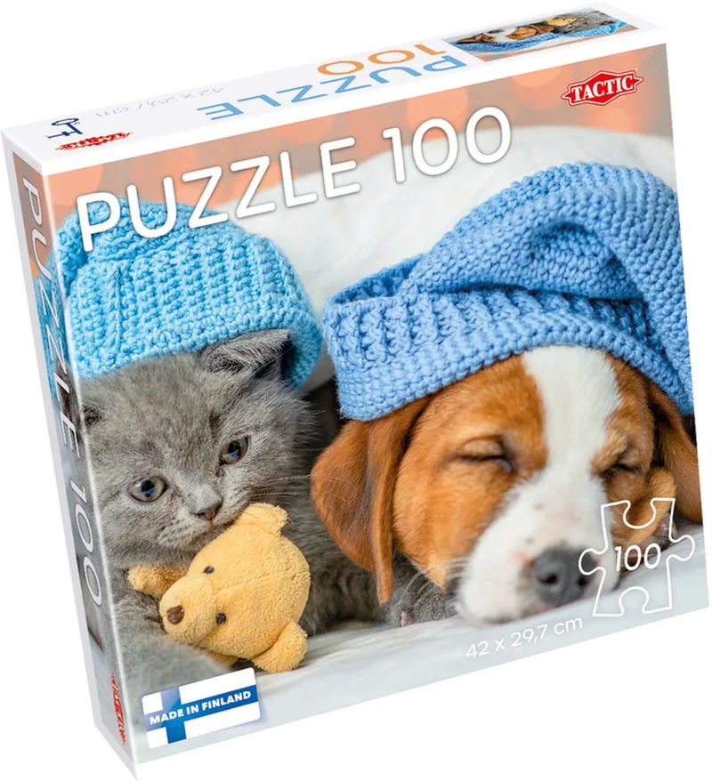 Cute Kitten and Sleepy Dog puzzel 100 stukjes van Tactic, editie Wit – doos