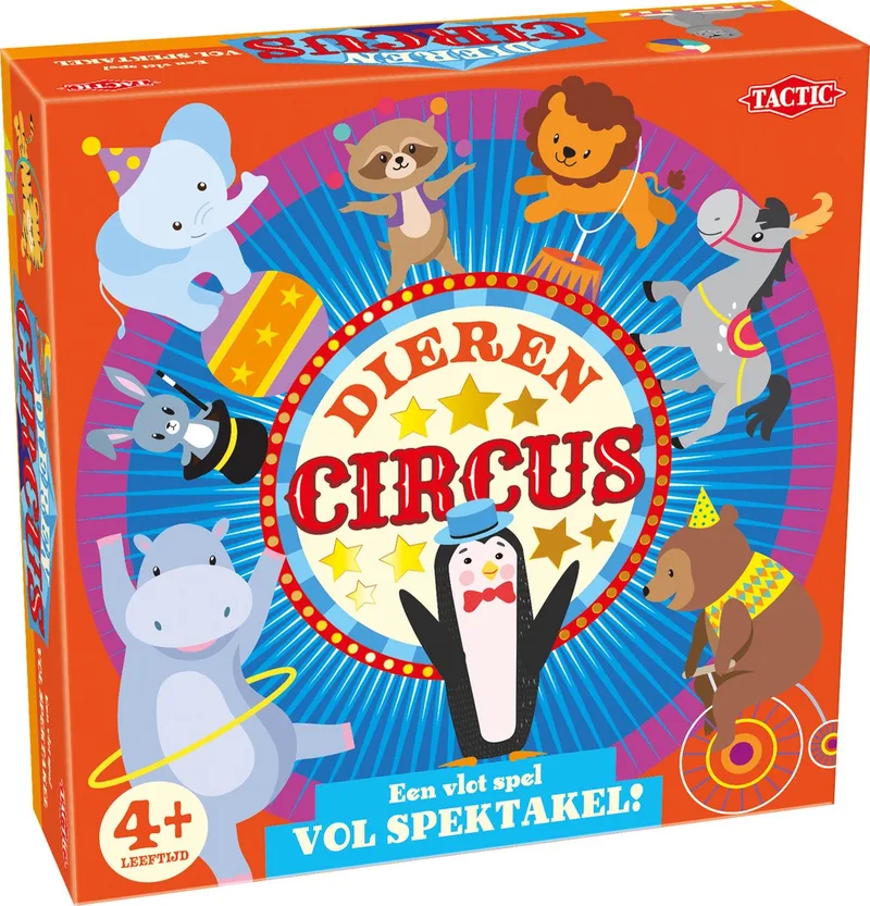Dierencircus – Bordspel – Familiespel – Extra Groot Speelbord van 60 cm doorsnede – 5 Houten Dieren – 4 Grote Verzameltenten van 24x24 cm - Vanaf 4 jaar von Tactic – Schachtel