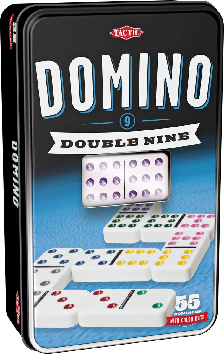 Domino Double Nine – Bordspel – Luxe Tin – Uitgebreid Dominospel met Gekleurde Stenen – Vanaf 7 Jaar – 2 of Meer Spelers from Tactic – box