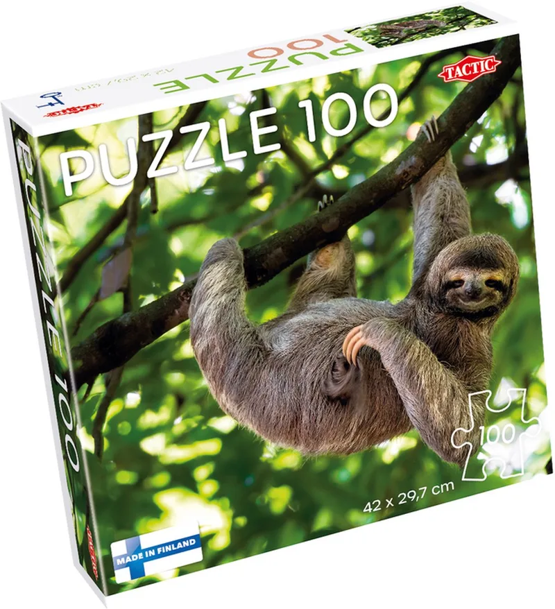 Puzzel – 100 stukjes – Rustige Dierenillustratie met Luiaard – Strak en Rustgevend Ontwerp – Hoogwaardige Scandinavische Kwaliteit from Tactic, Sloth Hanging on Tree edition – box