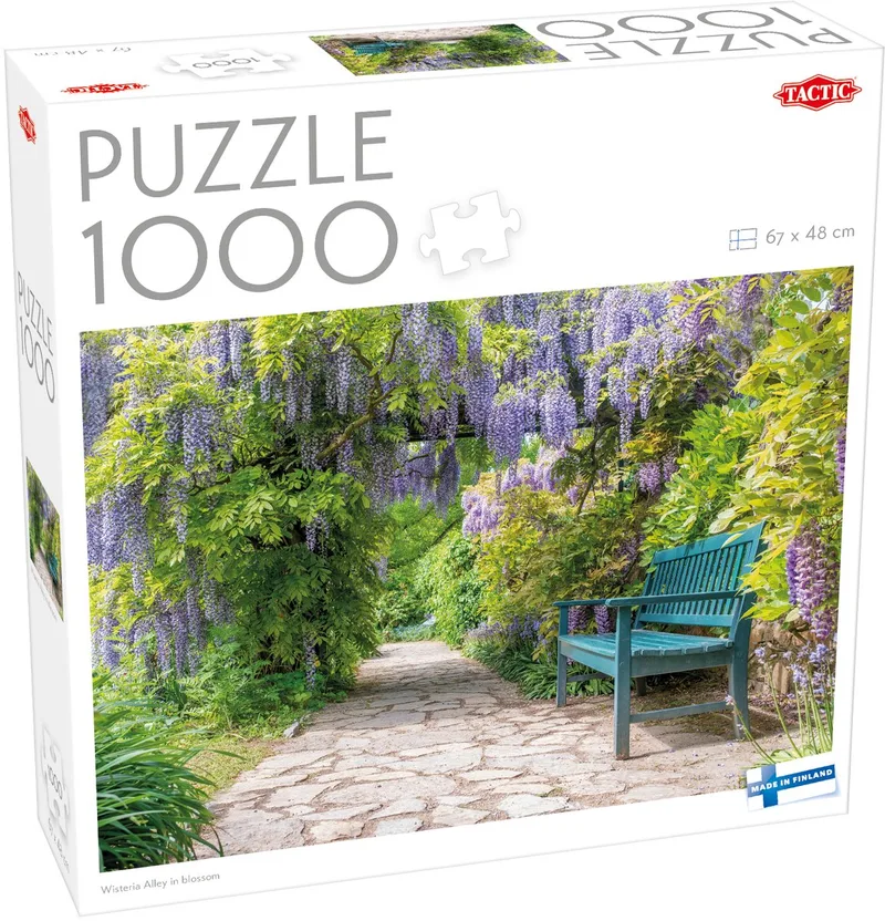 Puzzel – 1000 stukjes – Bloeiende Blauweregen Tuinpad – Rustgevende Natuur en Tuinsfeer – Hoogwaardige Scandinavische Kwaliteit van Tactic, editie Wisteria Alley in Blossom – doos