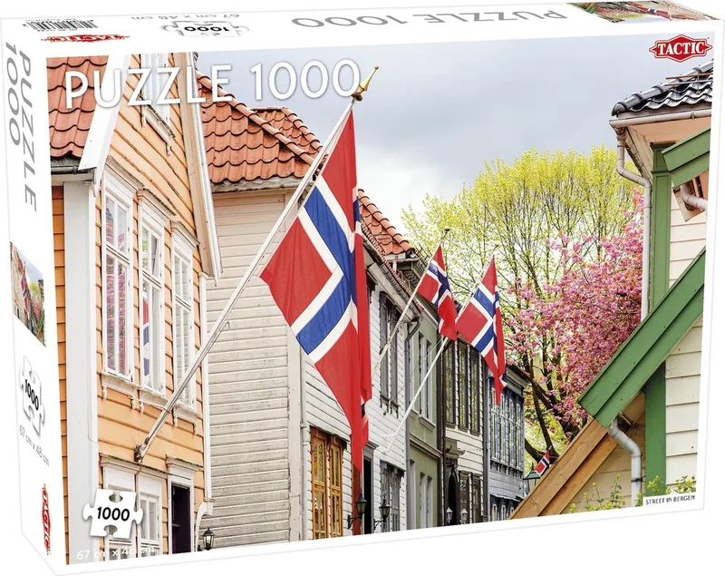 Puzzel – 1000 stukjes – Historisch Noors Straatbeeld – Strak en Rustgevend Ontwerp – Hoogwaardige Scandinavische Kwaliteit van Tactic, editie Street in Bergen – doos