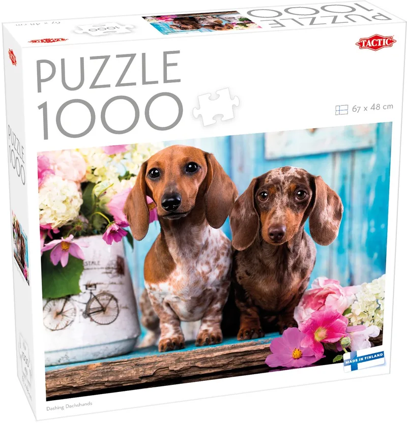 Puzzel – 1000 stukjes – Schattige Teckels – Kleurrijke Dierenfotografie – Hoogwaardige Scandinavische Kwaliteit van Tactic, editie Dashing Dachshunds – doos