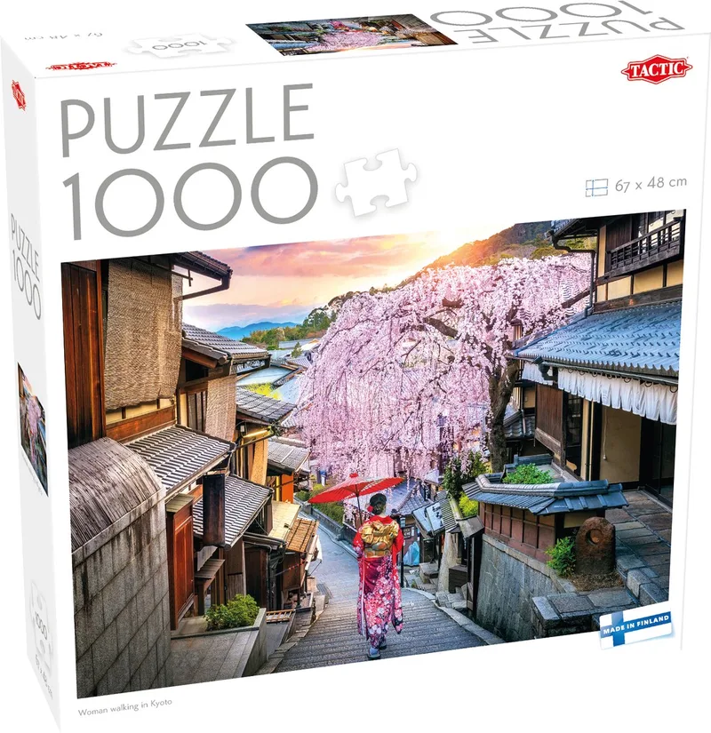 Puzzel – 1000 stukjes – Traditioneel Japanse Straat – Sfeervolle Sakura Bloesem – Hoogwaardige Scandinavische Kwaliteit from Tactic, Woman Walking in Kyoto edition – box