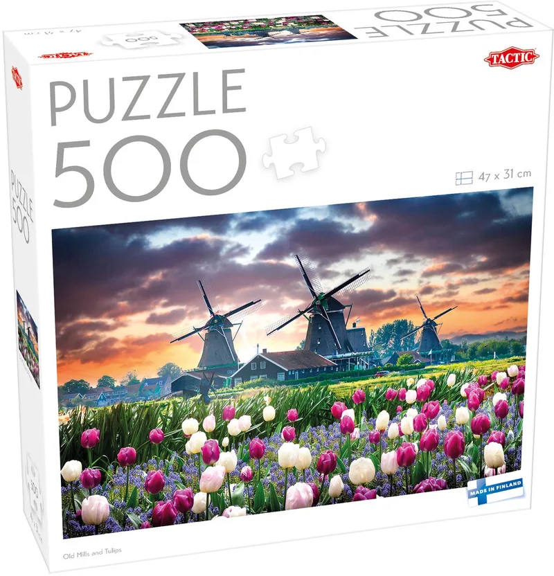 Puzzel – 500 stukjes – Hollandse Molens en Tulpenvelden – Typisch Nederlands Landschap – Hoogwaardige Scandinavische Kwaliteit van Tactic, editie Old Mills and Tulips – doos