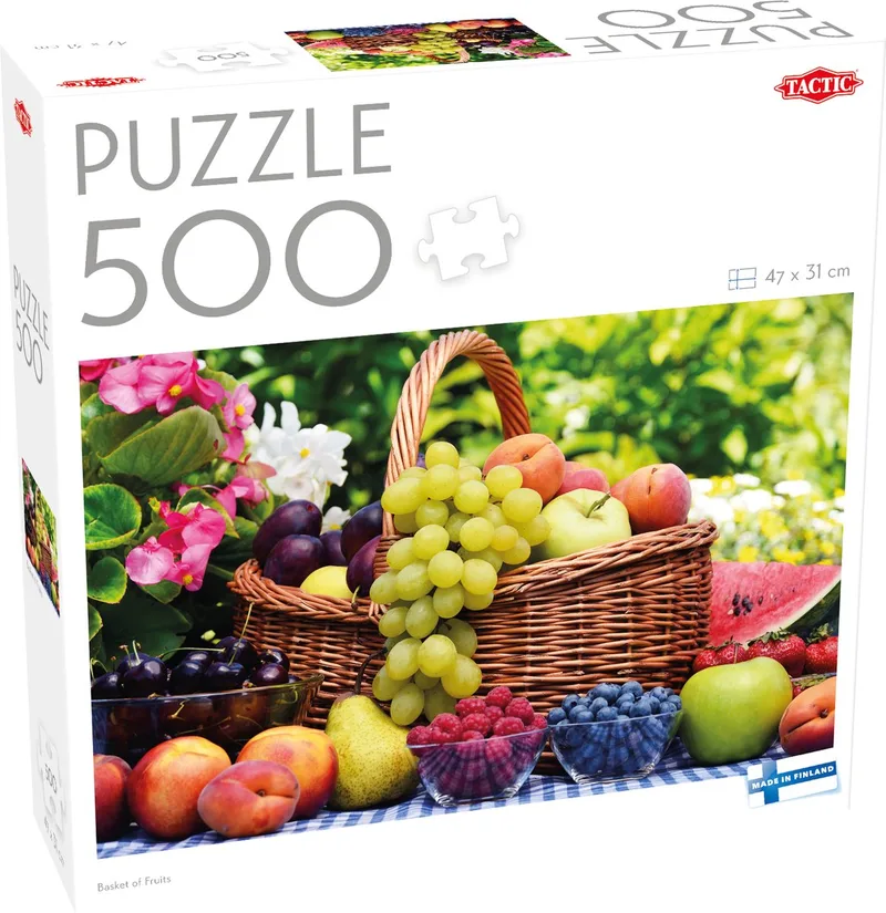 Puzzel – 500 stukjes – Mand met Kleurrijk Fruit – Stilleven en Voedselillustratie – Hoogwaardige Scandinavische Kwaliteit from Tactic, Basket of Fruits edition – box