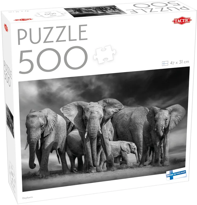 Puzzel – 500 stukjes – Olifanten in Afrikaanse Savanne – Wilde Dieren en Natuur – Hoogwaardige Scandinavische Kwaliteit van Tactic, editie Elephants – doos