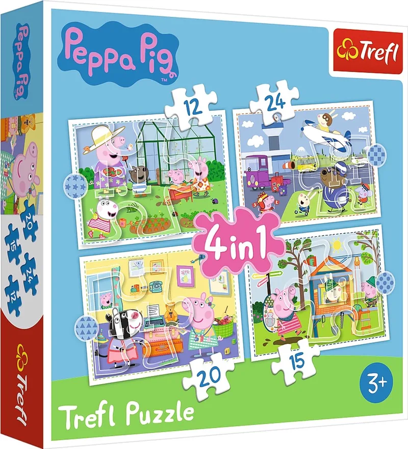 4-in-1 puzzel - 12/15/20/24 stukjes van Trefl, editie Peppa Pig – doos