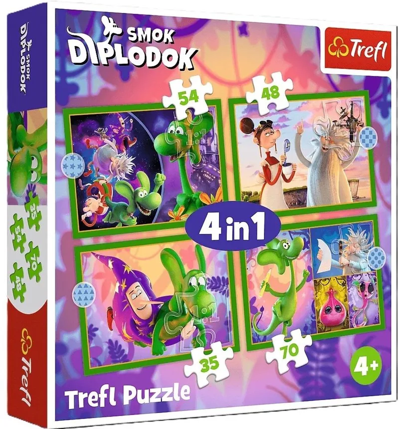 4-in-1 Wereld van de draak Diplodocus puzzel 34663 - Puzzle 4w1 Świat Smoka Diplodoka 34663 von Trefl, Ausgabe Multi-kleur – Schachtel