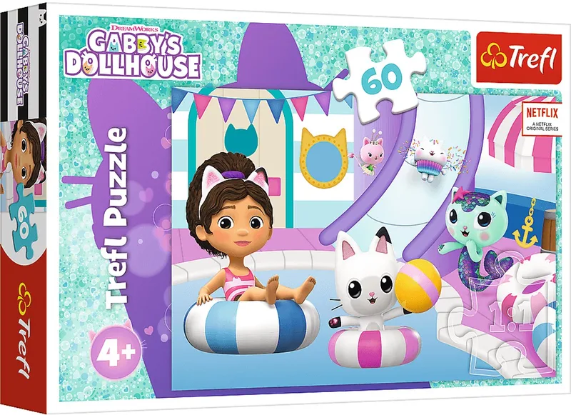 Gabby op het Zwembad Gabby's Poppenhuis Legpuzzel - 60 stukjes - Vanaf 4 jaar från Trefl, utgåva Vit, Blå, Rosa – kartong