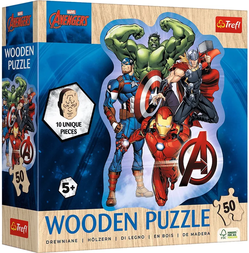 Marvel Avengers Ensemble Hout Houten Legpuzzel - 50 stukjes - Vanaf 4 jaar van Trefl, editie Meerkleurig – doos