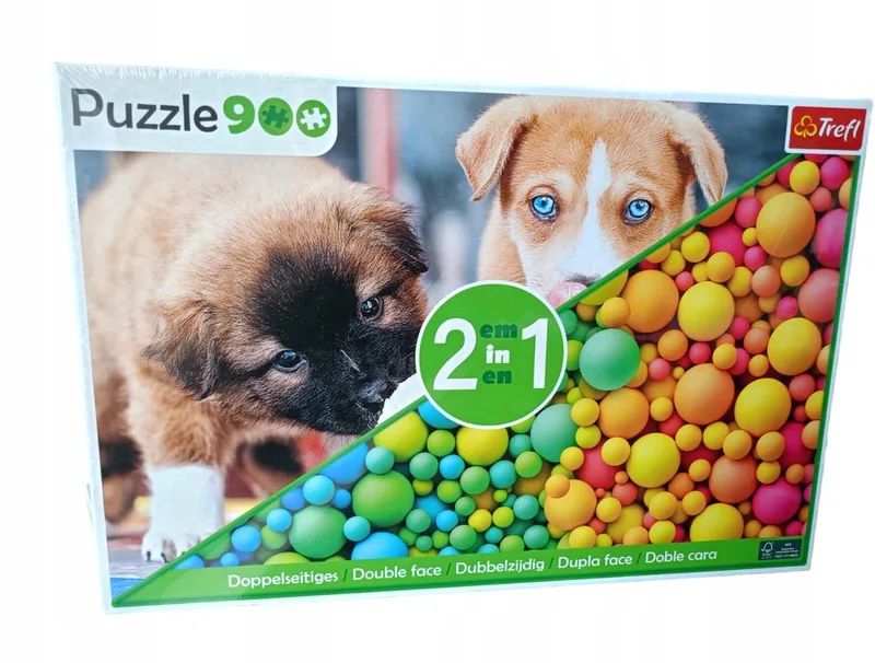 Puzzel 2-zijdig 900 elementen: Hondjes / Kleurrijke ballen de Trefl, édition Multicolore – boîte