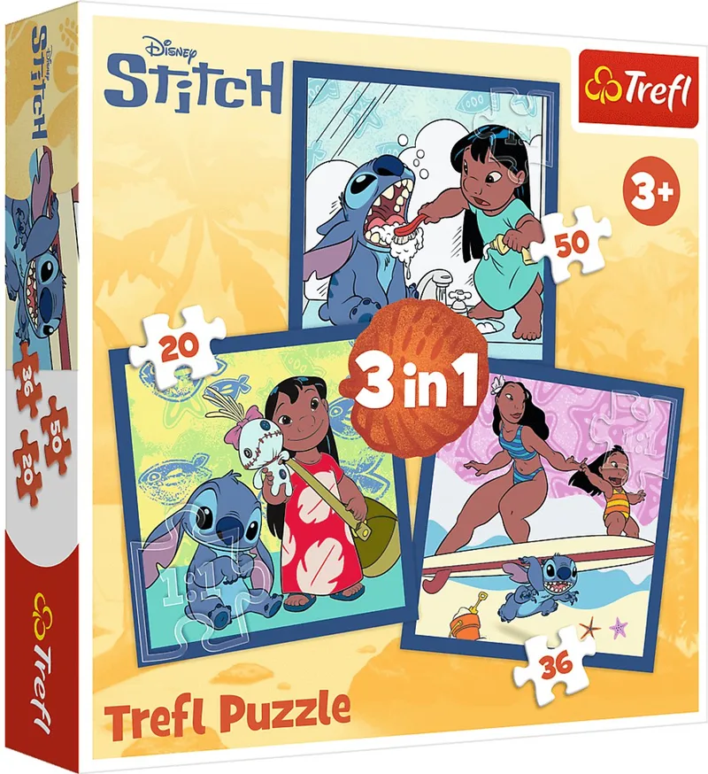 puzzel 3in1 Disney Lilo & Stitch - educatief kinderspel FSC karton. van Trefl, editie Meerkleurig – doos