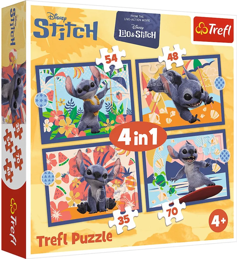 Puzzel 4 in 1 Stitch - 35+48+54+70 stukjes från Trefl, utgåva Flerfärgad – kartong