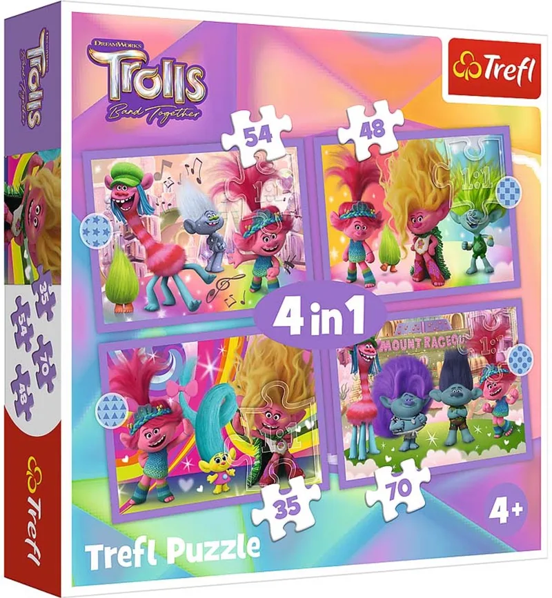 puzzel 4in1 - kleurrijke Trolls avontuur Universal Trolls 3 karton. van Trefl, editie Meerkleurig – doos