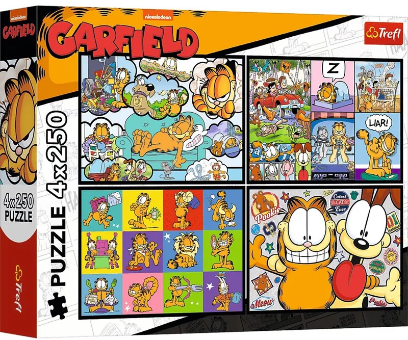 puzzel Garfield 4x250 stukjes - Garfield doesn't like Mondays. van Trefl, editie Meerkleurig – doos