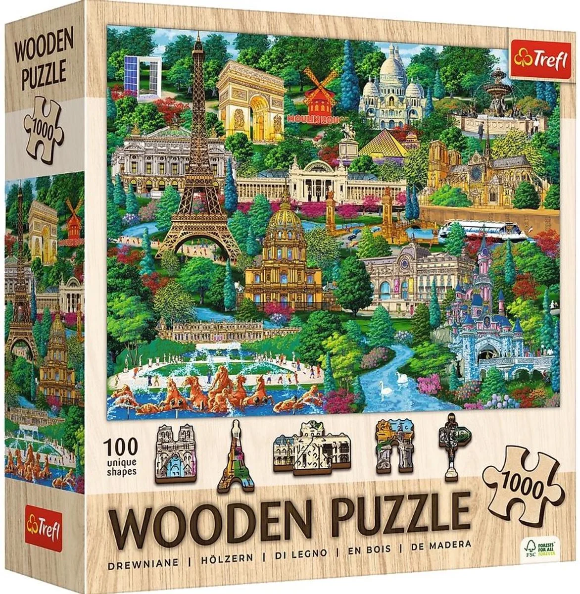 Puzzels Frankrijk - 1000 elementen, houtambacht, onregelmatige vormen, 100 Franse symbolen en monumenten, moderne premium puzzel doe-het-zelf voor volwassenen en kinderen vanaf 12 jaar oud van Trefl – doos