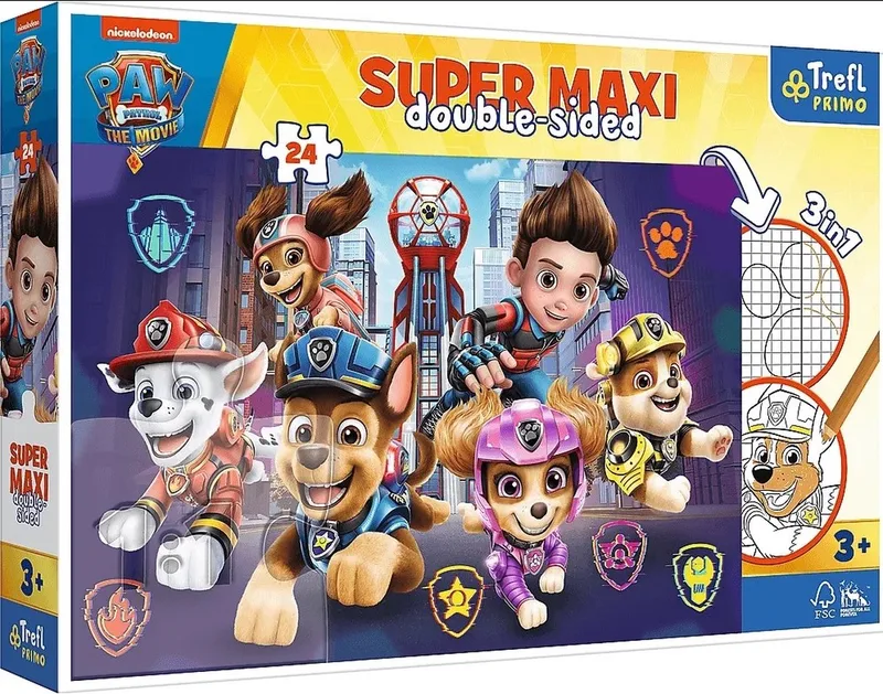 Super Maxi DOUBLE-SIDED PUZZEL 3 IN 1 Paw Patrol 24PCS de Trefl, édition Multicolore – boîte