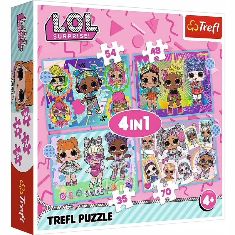 Trefl 4-in-1 LOL Surprise Puzzelset - Ontdek de Poppen van Trefl, editie Blauw – doos