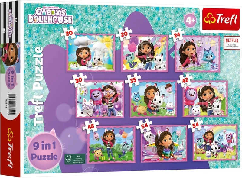 Trefl 9-in-1 puzzelset Gabby's poppenhuis - 330 puzzelstukken - 4+ - 9 puzzels van Trefl – doos