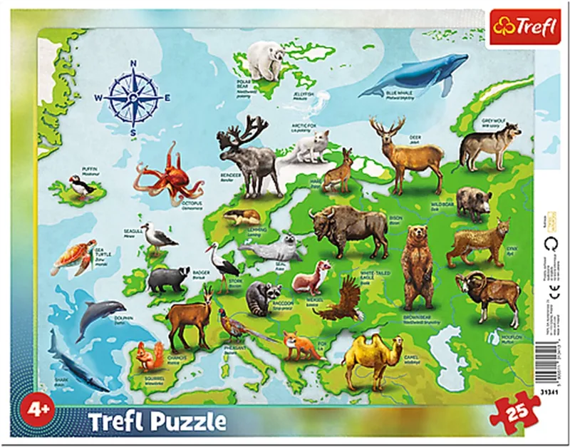 Trefl-puzzel met kaart van Europa en dieren - 25 stukjes fra Trefl – æske