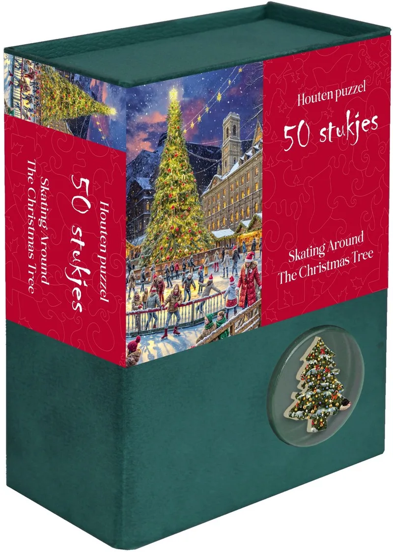 Houten kerstpuzzel - [Skating around the Christmas Tree] - 50 puzzelstukjes 13,5×12cm (b×h) van Tucker's Fun Factory, editie Schaatsen rond de kerstboom – doos