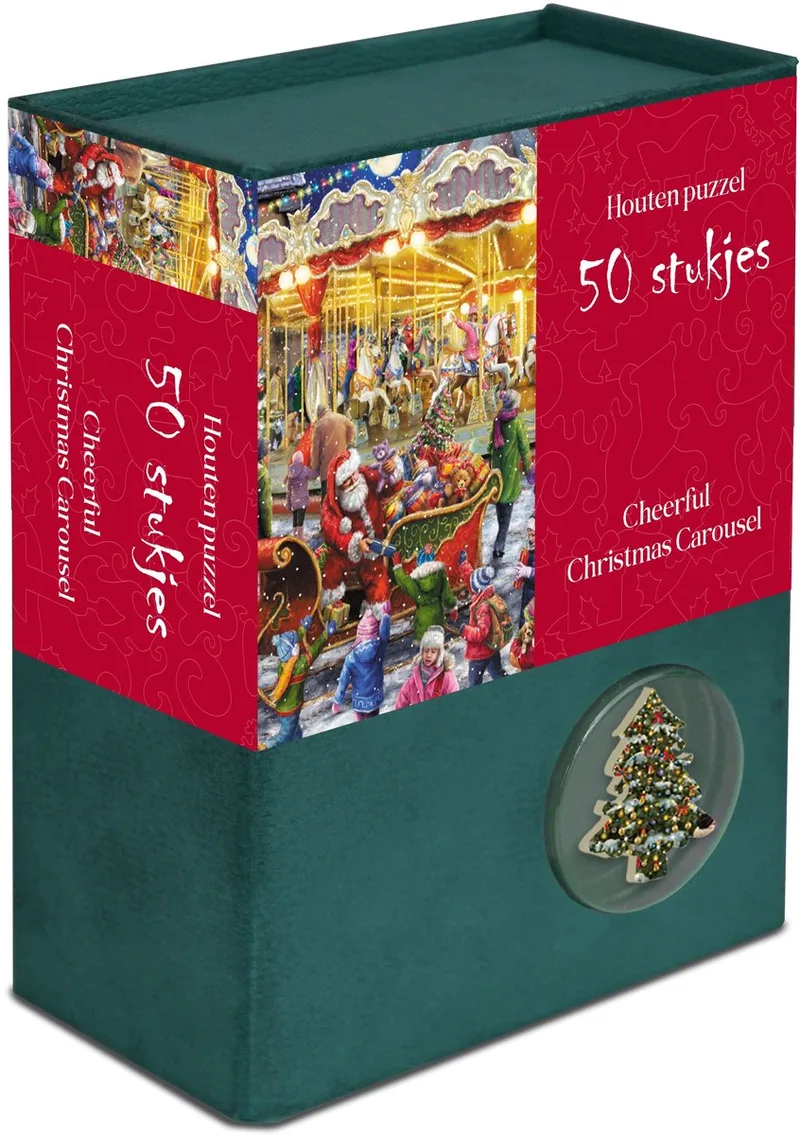 Houten kerstpuzzel - Vrolijke kerstcarrousel - 50 stukjes 13,5×12cm (b×h) von Tucker's Fun Factory, Ausgabe Cheerful Christmas Carousel – Schachtel