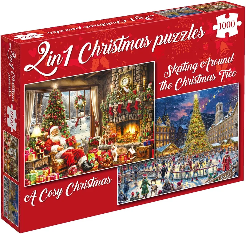 Kerstpuzzels - A Cosy Christmas + Skating Around the Christmas Tree - 2×1000 stukjes 68×49cm (b×h) fra Tucker's Fun Factory, Flerfarvet-udgave – æske