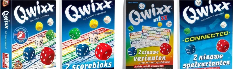 Dobbelspel Qwixx + Qwixx Scorebloks + Qwixx Mixx + Qwixx Connected from White Goblin Games, Multi gekleurd edition – box