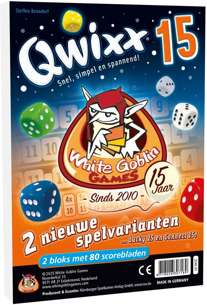 Qwixx 15 - Dobbelspel - 2 tot 5 spelers - Voor de hele familie - uitbreiding - Extra scoreblokken met nieuwe uitdagingen from White Goblin Games, Meerdere kleuren edition – box