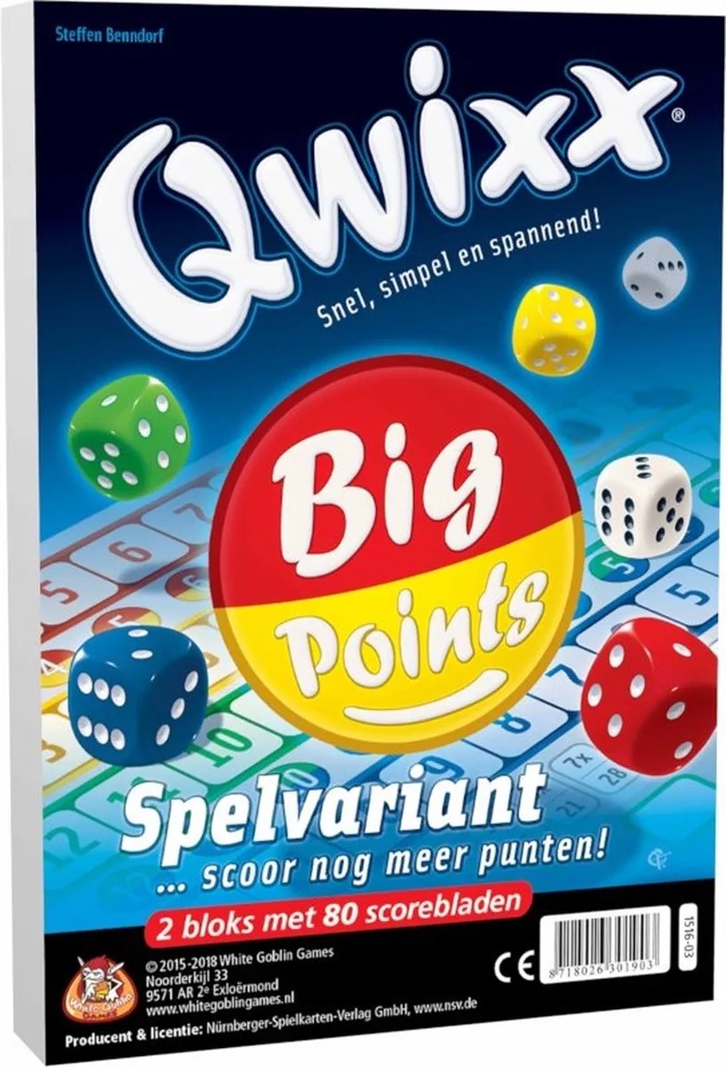 Qwixx Big Points - Dobbelspel uitbreiding - 2 scorebloks de White Goblin Games, édition Meerdere kleuren – boîte
