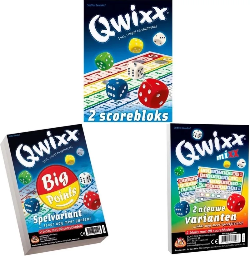 Spellenbundel SCOREBLOKKEN - 3 stuks - Qwixx scoreblocks & Qwixx Big Points & Qwixx Mixx fra White Goblin Games, Multi-udgave – æske