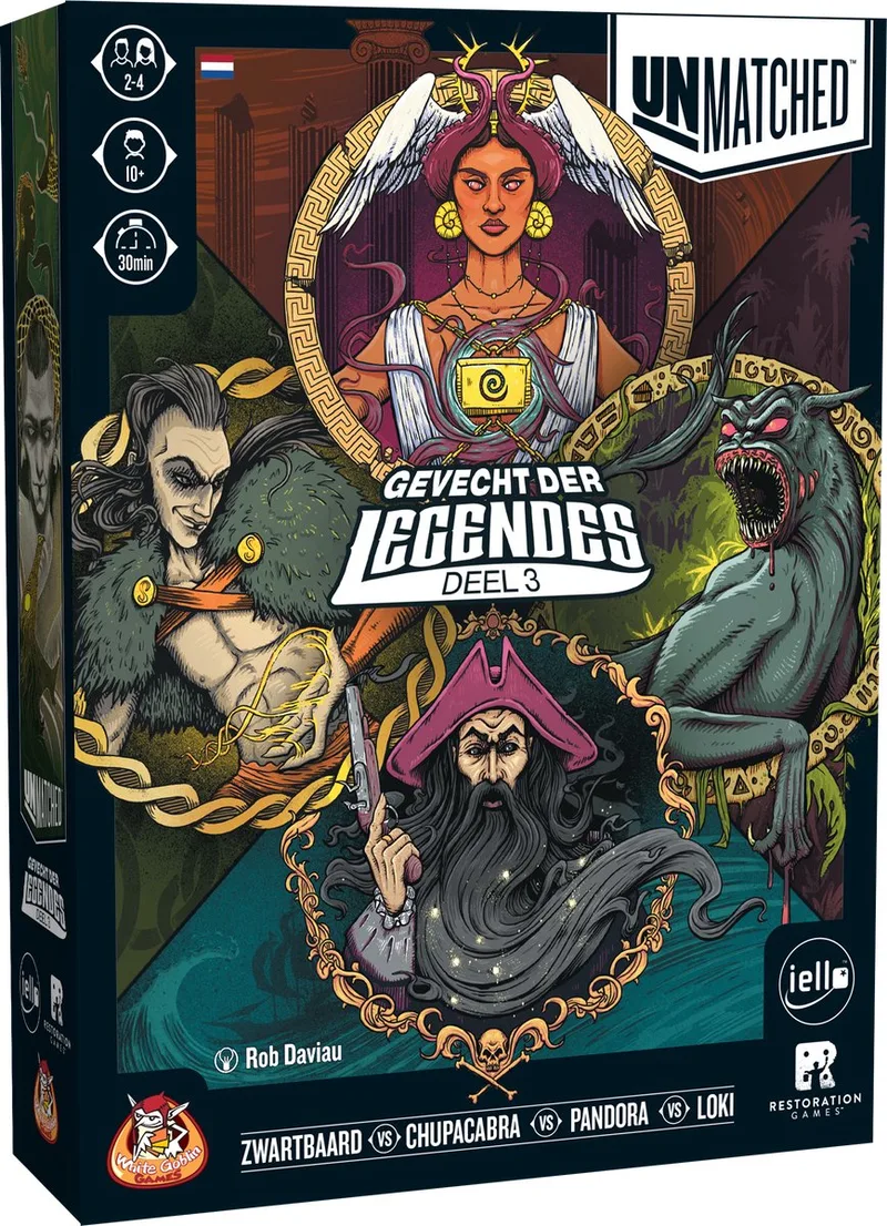 Unmatched: Gevecht der Legendes 3 - expertspel - 2 tot 4 spelers - 20 minuten - Vanaf 10 jaar - Met de helden: Zwartbaard, Loki, Chupacabra en Pandora from White Goblin Games – box