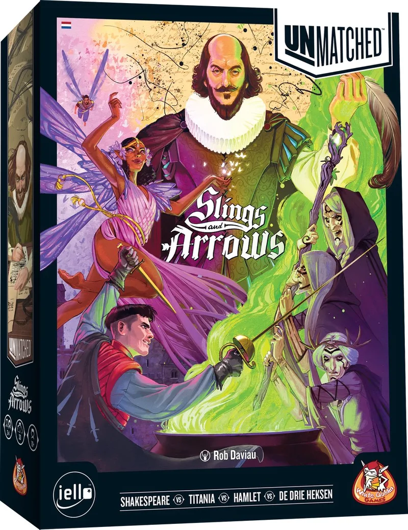Unmatched: Slings & Arrows - expertspel - 2 tot 4 spelers - 30 minuten - Vanaf 10 jaar - Met de helden: De Drie Heksen, Hamlet en Titania from White Goblin Games, Meerkleurig edition – box