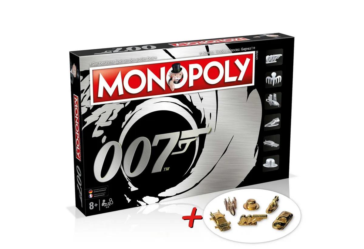 Spiel Monopoly - James Bond + 6 EXTRA Gold Spielfiguren, Brettspiel, komplett zweisprachig in Deutsch und Französisch von Winning Moves, Ausgabe Schwarz – Schachtel